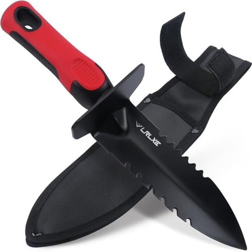 LRLXE Metal Detector Shovel, Heavy Duty Double Serrated Edge Digger with Sheath, Gardening & Metal Detecting Accessories for Digging, Weeding and Planting