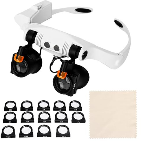 Lupenbrille mit LED-Licht, max. 25-fache Vergrößerung mit 14 Linsen (3X 4X 5X 6X 7X 10X 15X), Kopfband-Lupe mit verstellbarem 2 LED-Lichtern zum Lesen von Basteluhren Reparatur Schmuck Hobbys