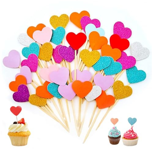 100 Pezzi Cupcake Topper, Decorazioni per Torte di Compleanno di Cuore, Decorazione per Muffin, Decorazione per Bastoncini da Cocktail Cibo Stuzzicadenti Festa Matrimonio Decorazione