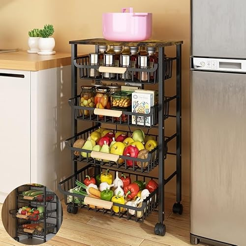 Panier à 5 niveaux en fil métallique sur roulettes pour cuisine, étagère empilable au sol, bacs de rangement pour fruits et légumes avec tiroirs coulissants pour salon, chambre à coucher