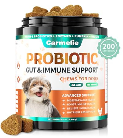 Carmelie Probiotics for Dogs, 200 Soft Chews Digestive Probiotics & Enzymes for Gut Health with Pumpkin, Fibre for Dogs Anti Diarrhea, Upset Stomach, Gas Relief, Itchy Skin & Immune Support (Chicken)