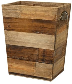 Venalys Small Wooden Waste Paper Bin Trash Can, Farmhouse Decorative Garbage Can Wastebasket, Rustic Distressed Natural Trash Recycling Basket with Metal Handles, Reclaimed Wood Storage Basket