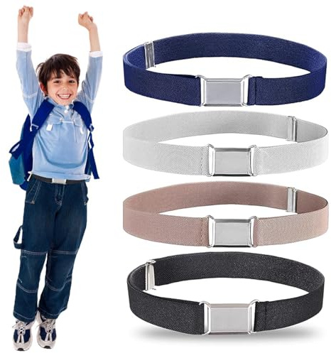 NCOALE 4 PCS Kids Belts, Adjustable Kids Elastic Belt for Boys and Girls with Silver Metal Square Buckle for Pants Skirt Uniform (Black, Silver, Navy Blue, Pink)