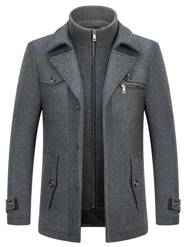 KUDORO Cappotto da uomo in Lana Caldo Metà Lungo Inverno Trench Coat Slim Fit Classico Parka Soprabito Caban Business Elegante Duffle-Coats Antivento Revers Overcoat, 1 grigio, XXXL