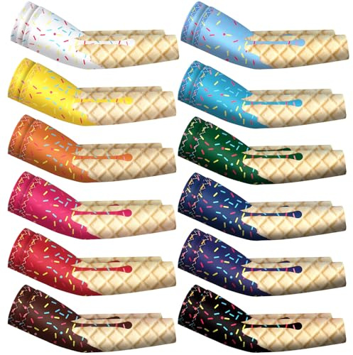 Newcotte 12 Pairs Arm Sleeves for Kids Compression Football Baseball Arm Sleeve Youth UV Protection Breathable Cooling Sleeve (Ice Cream,14-18 Years)