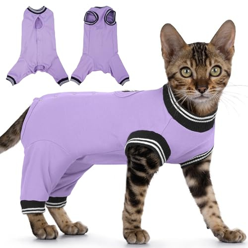 PUMYPOREITY Cat Recovery Suit for Hind Legs, Cat Surgical Spay Suit with Leg Sleeves to Stop Licking, Long Rear Sleeve Wound Cover Abdomen Kitten Onesie, Purple, M