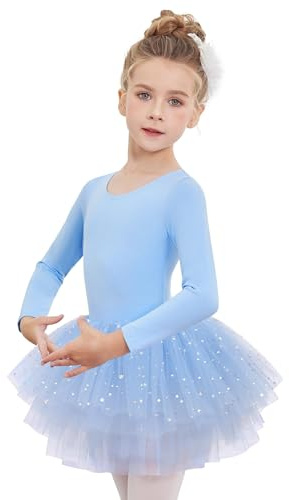 Arshiner Vestido de Tutú de Ballet para Niñas Malla de Manga Larga Traje de Baile de 4 Capas con Falda Brillante Traje de Ballet, Ropa de Baile para Edades de 7 a 8 años