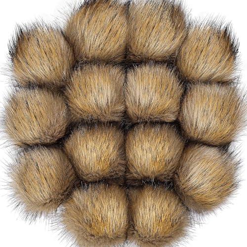 Faux Fur Pom Poms for Hats - Fluffy DIY Knitting Hat Pompoms with Elastic Loop, Removable Crochet Crafts Accessories for Shoes Scarves Gloves Bags Keychains (Brown 16Pcs)