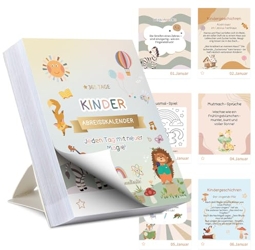 KINDER ABREISSKALENDER - 365 Tage Abreißkalender 2026， Achtsamkeit für Kinder mit Kurzgeschichten, populärwissenschaftliche, Texte, Papierbastelei, Minispiele, Rechenrätsel und Vokabellernen usw