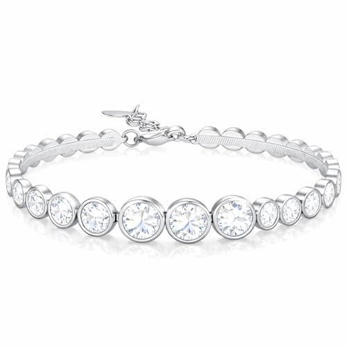 SAGA GIOIELLI® Bracciale Tennis Donna con zirconi in Acciaio Inossidabile, Lunghezza 17+4 cm, Zirconi da 7 mm a 9 mm, Regolabile – Elegante e Resistente, Idea Regalo Donna (ARGENTO)