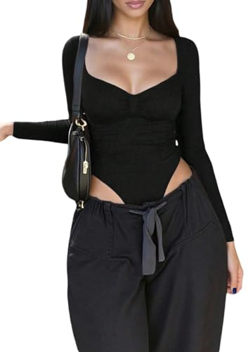 GORGLITTER Långärmad body dam elegant blusbody t-shirt body stringbody vinter bodysuit långärmad body basic långärmad tröja, svart, L