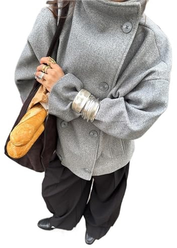 Abrigo De Paño Mujer Abrigo de mezcla lana lisa con cuello alto y doble botonadura, abrigo informal extragrande for mujer, chaqueta elegante for dama(Grey,M)