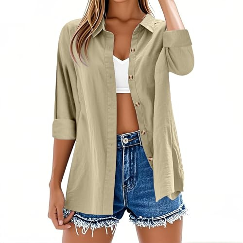 Womens Tops Long Sleeve Casual Button Down Cotton Linen Shirts Casual Roll Up Sleeve Ladies Tunic Tops Solid Color Plus Size Loose Blouse Fashion V Neck Oversized Tees Lightweight Summer Shirt Dress