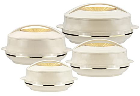 Insulated Serving Dishes with Lids - 4 Piece Olympic Thermal Hot Food Containers Set 0.8, 1.2, 1.6 and 2.5Liters, Beige