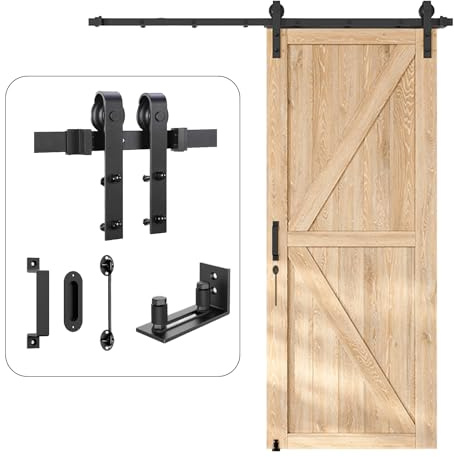 HomLxclx 6.6 FT Heavy Duty Sliding Barn Door Hardware Kit-Smoothly and Quietly-Easy to Install with Adjustable Floor Guide,Door Hook and 2 Handles-Fit 1 3/8-1 3/4 Thickness (Black)(J Shape Hangers)