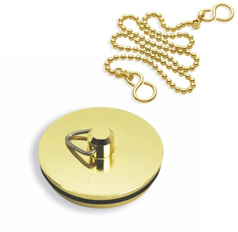 SISI UK ® Bouchon de Baignoire/évier en métal plaqué Laiton, 45 mm, 1,3/4, avec chaîne à Billes en Laiton Poli de 18, et Crochet en S