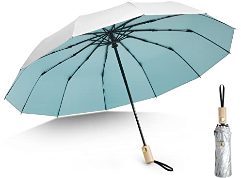G4Free 46 Inch UPF 50+ UV Protection Large Travel Umbrella with Wooden Handle, 12 Fibreglass Ribs Super Windproof Sun Blocking Folding Umbrella Auto Open Close (Lake Blue)