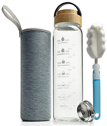 Xaeiglas Teeflasche mit Sieb to go - 1L Trinkflasche Glas mit Neoprenhülle - 1000ml Wasserflasche Glas mit Schutzhülle - Glastrinkflasche 1 Liter mit Schraubverschluss (Kleines Teesieb)