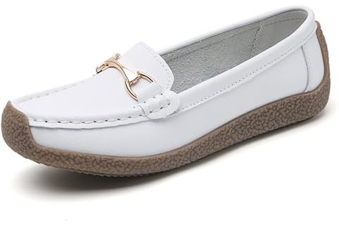 Rodawu Women Leather Loafer Shoes Ladies Moccasins Flat Shoes Casual Comfy Walking Shoes Driving Shoes Boat Nuring Shoes White 5 UK