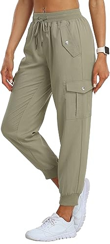 JINSHI Pantalones Senderismo Mujer Cargo Jogger Pantalón Ligero Transpirable Pantalone Ocio Aire Libre Deportes Acampada Trekking Multibolsillos Gris Caqui Talla M