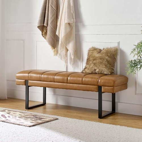 HULALA HOME 53 Faux Leather Entryway Bench, Button Tufted End of Bed Bench Ottoman for Bedroom, Living Room with Metal Base,Camel