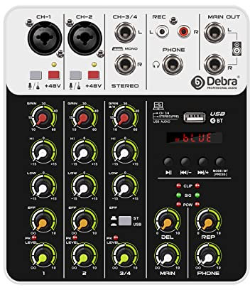 Professioneller Audio Mixer,4 Eingangs Mixer mit MP3 USB Bluetooth, 48V Phantomspeisung,Stereo DJ Mixer für Aufnahmen,Live Streaming, Podcasting(weiß)