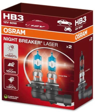 OSRAM NIGHT BREAKER LASER HB3, +150% mer ljusstyrka, halogenstrålkastare, 9005NL-2HB, 12V, Hängande hopfällbar låda (2 lampor)