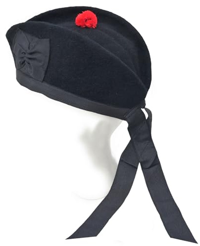 Kilt Emporium Cappello militare scozzese Piper Glengarry in pura lana, con pompon rosso, traspirante, vestibilità comoda, nero, 7.625