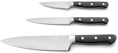 PRADEL ESSENTIEL - Set 3 couteaux de cuisine : utile, office et chef - Blason - Acier inoxydable 13 C, Finition Satinée - Noir