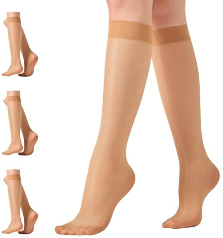 Aaronano 3 Pairs Knee High Pop Socks Women 40 Denier Glossy Knee Highs One Size Nude