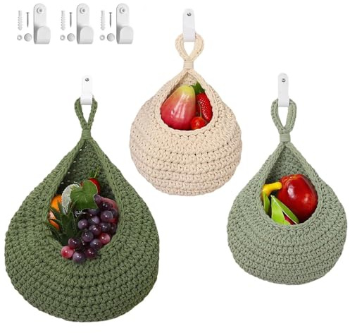Hanging Fruit Basket 3Pcs, 20cm/32cm/38cm Large Hand Woven Hanging Storage Baskets, Boho Wall Mounted Fruit Basket, Kitchen Wall Decor for Vegetable, Fruits, Onion or Snacks (White and Green)