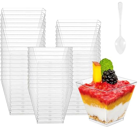 Leseed 100 Riutilizzabile Bicchieri da Dessert in Plastica, da 60 Ml, con Cucchiai, in Plastica, Riutilizzabili, per Dessert Fai da Te, Feste, Picnic (Trasparente) (100)