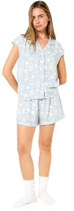 TRAMAS+ Pijama Mujer Camisero Viscosa, Pijama Corto Manga Corta con Botones y Cuello Camisero, Ropa de Dormir Comoda - Talla L, (R Serena, Verde Azulado)
