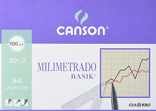 Canson Milimetrado Basik, Papel milimetrado, Suave, 100 gsm, Encolados por el lado corto, A4-21 x 29,7 cm, Papel blanco con estampado buff, 50 Hojas