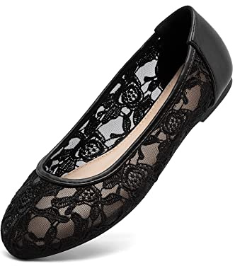 Greatonu Ballerines Femme Ballerines en Dentelle Chaussures Plats Ballerine Ronde Confortable Slip-on Lace-Noir-37
