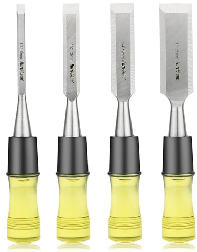 HURRICANE 4 Piece Wood Chisel Set for Woodworking. CR-V Steel Beveled Edge Blades with Safety Caps. Durable PVC High Impact Handle, for Precision Carving & DIY Projects (1/4, 1/2, 3/4, 1)