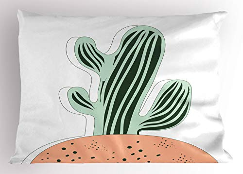 Lunarable Cactus Pillow Sham, Cartoon Saguaro Doodle Soil Plantation Garden Art Botanical, Decorative Standard Size Printed Pillowcase, 26 X 20, Peach Evergreen and Pale Sage Green