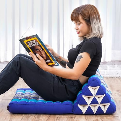Leewadee Thai-Kissen Falt-Matratze Chill-Out Klapp-Matte Gepolsterte Lesestütze Boden-Liege-Matte mit Dreieck-Kissen Thai-Matte, Kapok, 75 x 50 cm, Blau