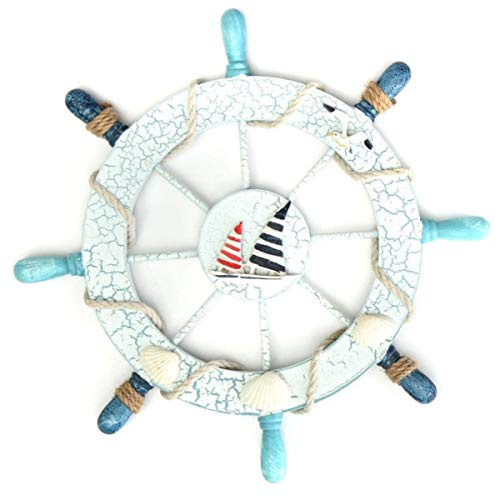 TOYANDONA Wooden Ship Steering Wheel Nautical Decor Beach Themed Wall Hanging Home Bar Decoration with Blue and White Spokes Ideal for Sailing Lovers