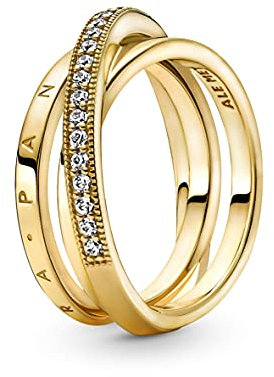 PANDORA Dreifach gekreuzter Pavé-Ring in 14 Karat vergoldete Metalllegierung mit Zirkoniasteinen Moments Collection, Größe: 52
