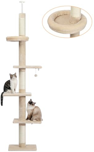PAWZ Road Katzenbaum, 5-stöckig, von Boden bis Decke, höhenverstellbar, hohes Katzenkletter-Aktivitätszentrum mit Kratzbaum, gemütliches Bett, baumelnder Ball für Indoor-Katzen/Kätzchen Beige