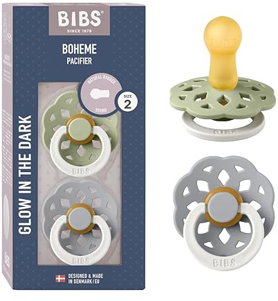BIBS Boheme Glow in The Dark Soother 2-Pack. BPA Free. Round Nipple Latex, Size 2 (6-18 Months), Sage Glow/Cloud Glow