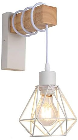 B·LED BARCELONA LED LedApplique da parete vintage in design industriale, lampada retrò in acciaio e legno, colore bianco, marrone, attacco E27 (LM133-B-Y)