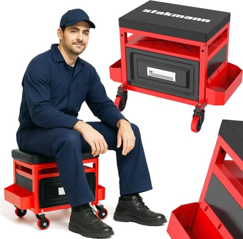 Taburete móvil de taller con cajón, compartimentos y bandeja para herramientas y tornillos, silla para mecánico, taller portaherramientas, ruedas giratorias 360°, asiento acolchado y estructura de
