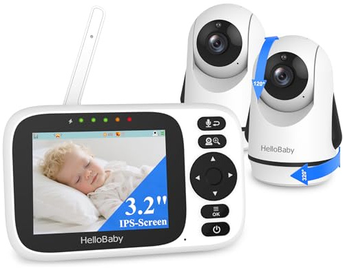 HelloBaby Baby Monitor Video e Audio 3.2'',Telecamera Bambini con Monitor e Doppia Telecamera,320° Telecamera Rotante,Visione Notturna,Sensore Temperatura,ECO,Interfono Bidirezionale,Ninna Nann