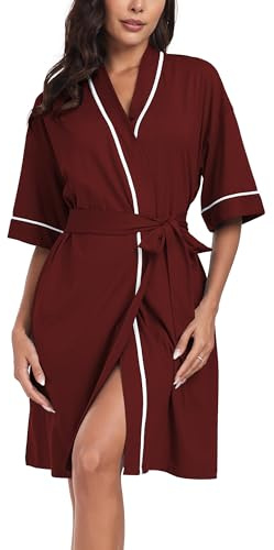 COLORFULLEAF Accappatoio corto da donna, 100% cotone, leggero, lunghezza al ginocchio, kimono per sauna, biancheria da notte, taglie S-XXL, rosso vivo, M