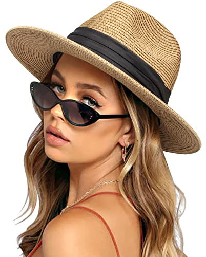 DRESHOW Damen Panama Hut Breiter Krempe Stroh Sommer Fedora Strohhut Panama Aufrollen Hut Strand Rollbar UV Sonnenhut UPF 50 +