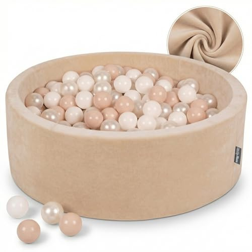 KiddyMoon Piscina de Bolas en Terciopelo Redonda 90x30 con 300 Pelotas 7cm Zona de Juego Niños Pequeños Beige De Arena - Beige Pastel Blanco Perla