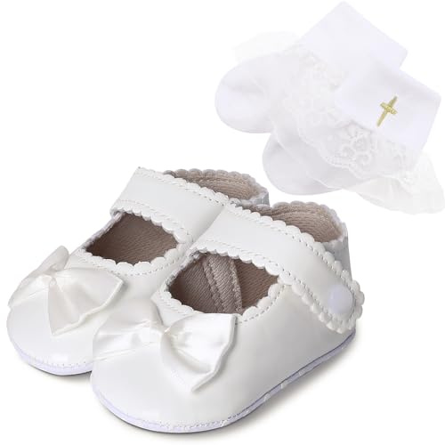 AGJ Baby Girls Baptism Shoes Toddler Bowknot Mary Jane Shoes Infant Christening Wedding Princess Dress Flats First Walking with Dedication Socks Set 6-12 Months