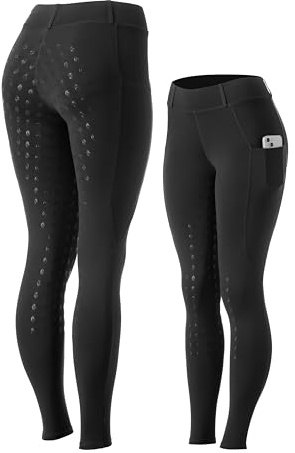 Equinavia Classic Womens Silicone Full Seat Horse Riding Pants with Phone Pockets | Equestrian Breeches Schooling Tights - Black - L